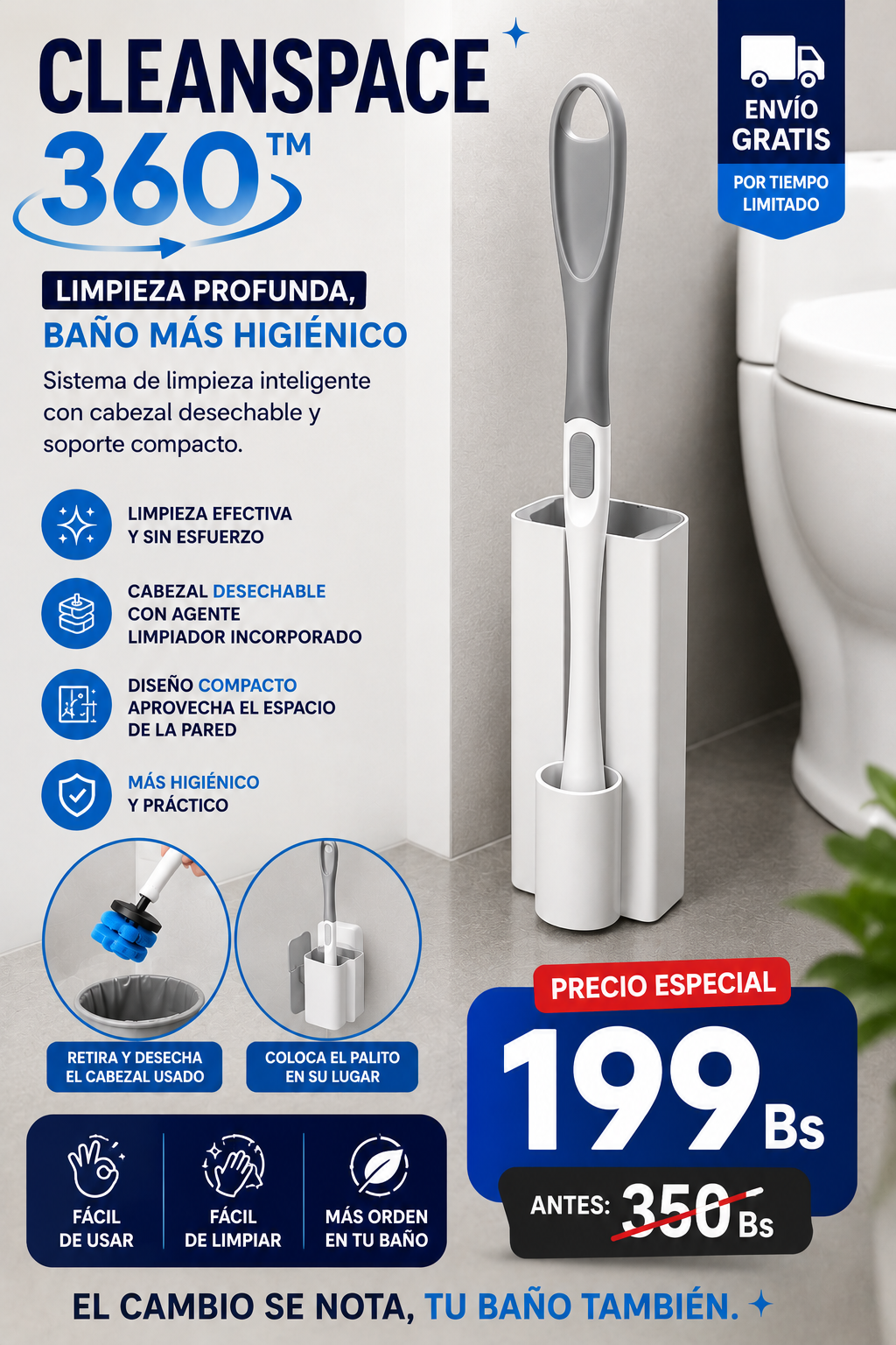 CleanSpace 360™-Cepillo de Inodoro con Esponja y Detergente